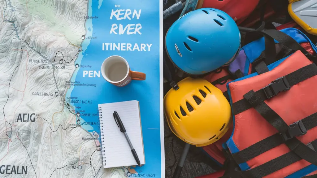 Map of the Kern River region with rafting gear and a trip itinerary for planning a rafting adventure.  