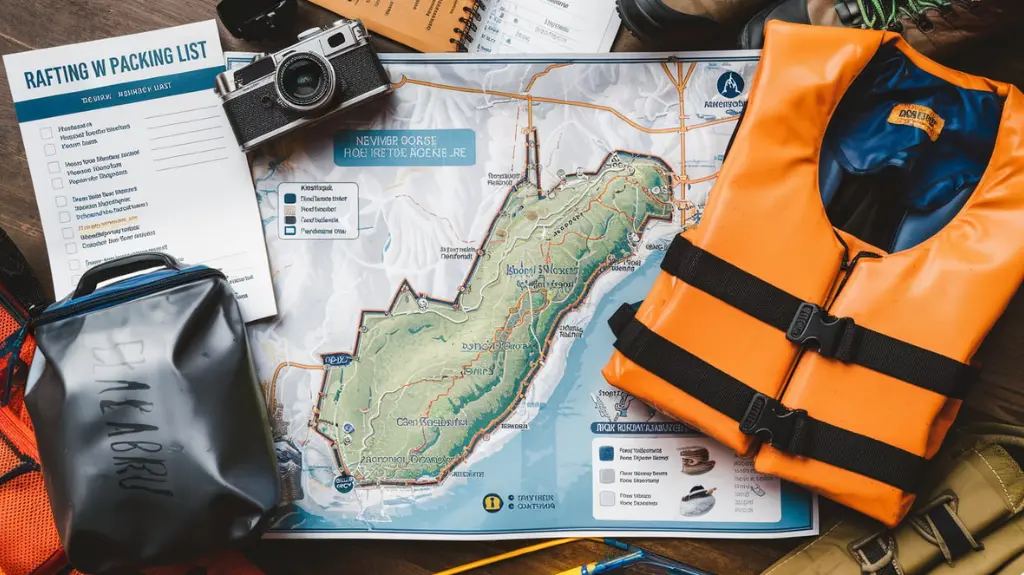 Essential items for planning a rafting trip in West Virginia, including a map and checklist.  