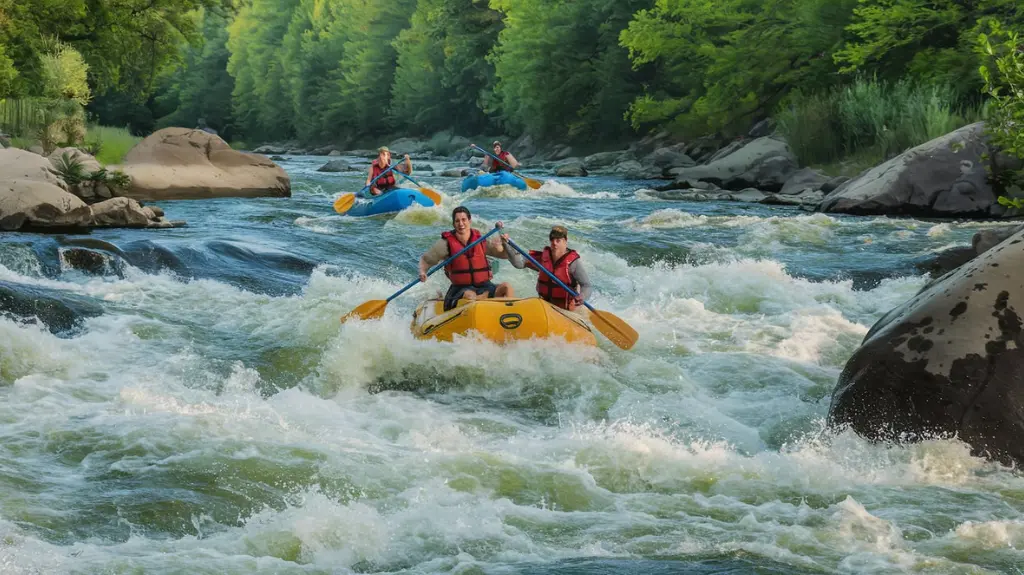 Rafters navigating turbulent rapids on the French Broad River near Asheville, NC. 