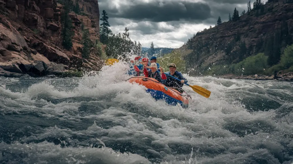 Rafters paddling through rapids in the Royal Gorge with dramatic splashes and rugged terrain.