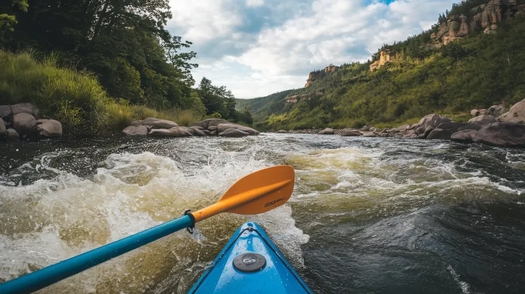 A first-person view of whitewater rafting through rapids in Tennessee with lush greenery. 