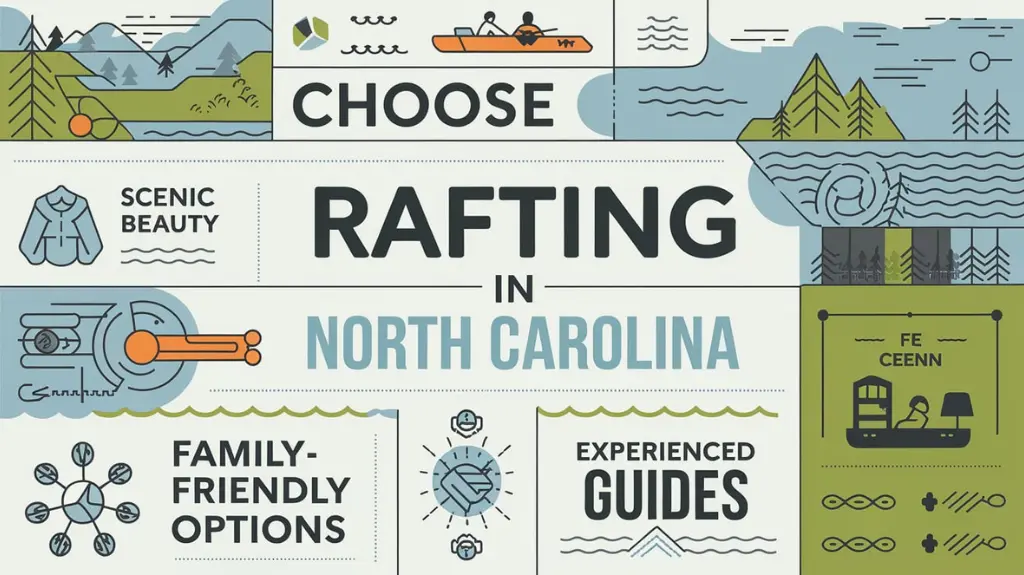 Infographic showing reasons to choose rafting in North Carolina, including scenic beauty and diverse rapids.