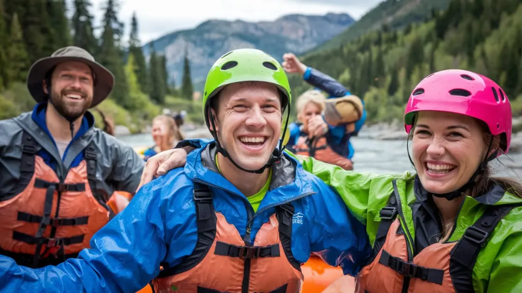 Diverse group of rafters celebrating with scenic forest and mountain backdrop, emphasizing the excitement of rafting.