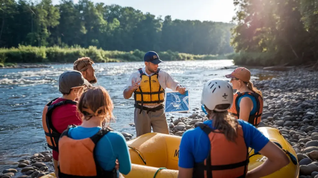 Rafting guide explaining safety procedures to beginners on the shore of the Chattahoochee River in Helen, GA.