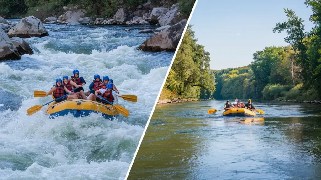 Split image of whitewater rafting and scenic float trips, illustrating diverse rafting experiences in Glacier National Park.