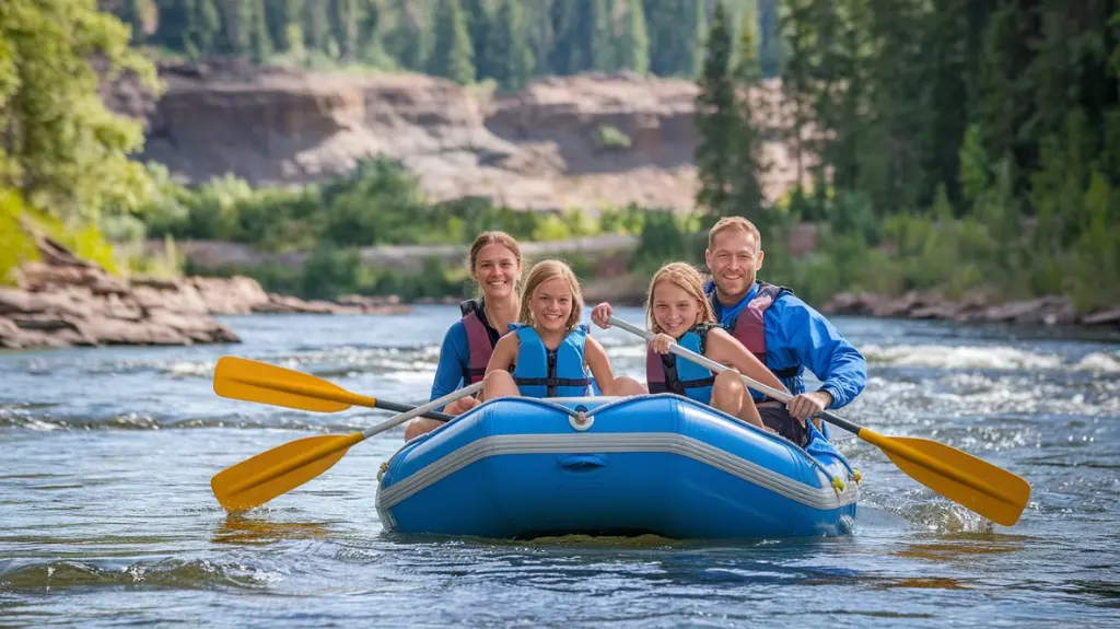 A family rafting on a calm stretch of the New River in West Virginia with scenic views.