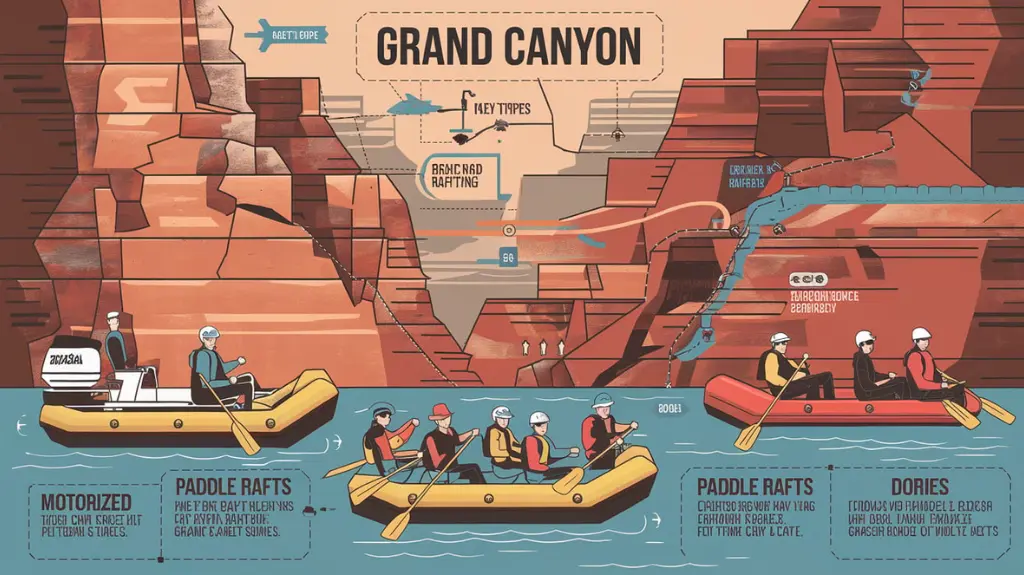 Infographic showing types of Grand Canyon rafting tours, including motorized rafts, paddle rafts, and dories. 