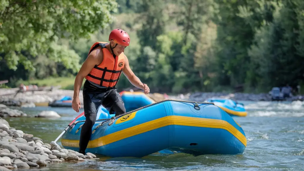 Rafter securing a life jacket and helmet before starting a Kern River rafting adventure.