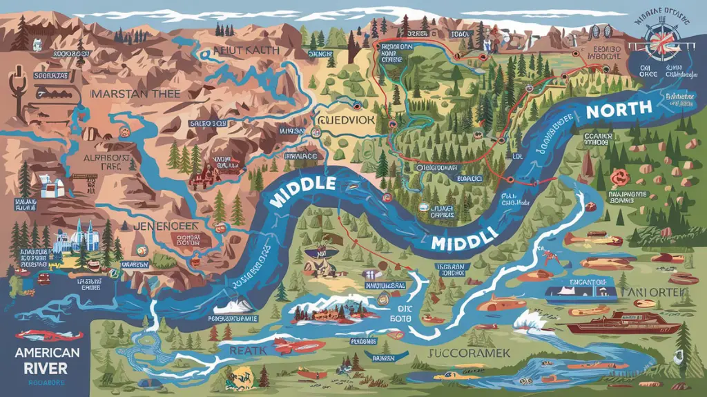 A map of the South, Middle, and North Forks of the American River highlighting rafting options.