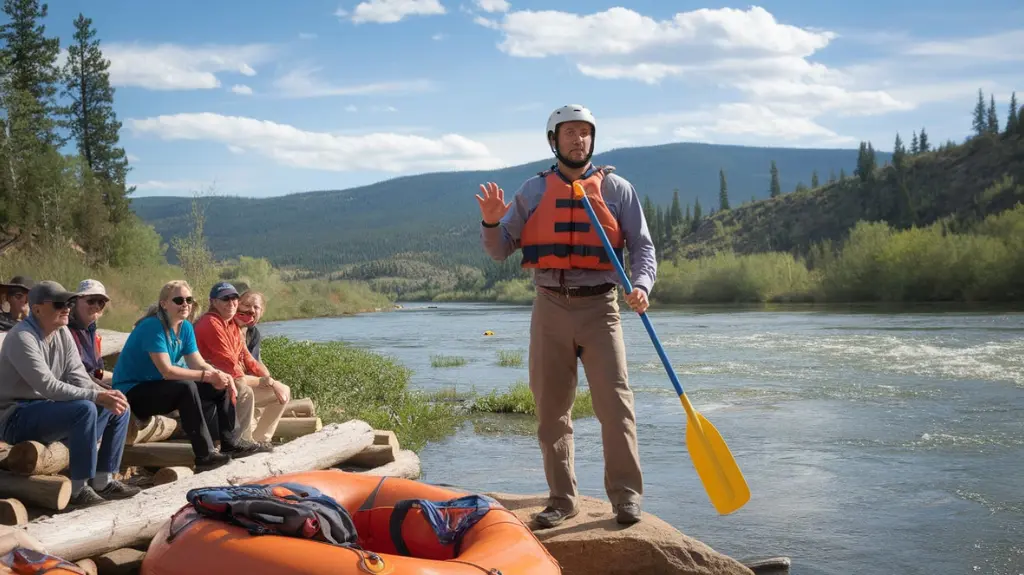 Professional guide conducting rafting safety orientation in Jackson Hole, Wyoming