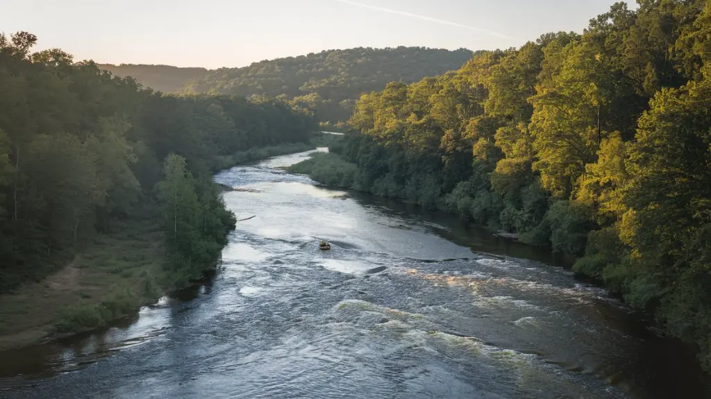 Aerial view of the Chattooga River in Georgia, featuring calm and rapid waters surrounded by lush forests.