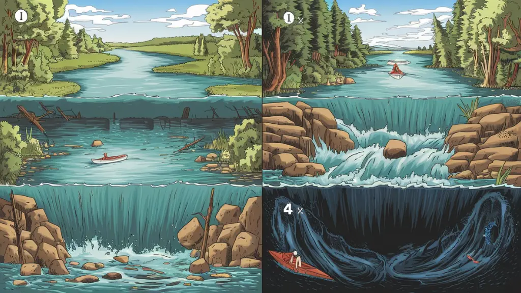 Illustration of whitewater classifications for rafting, including Class I to Class VI rapids.
