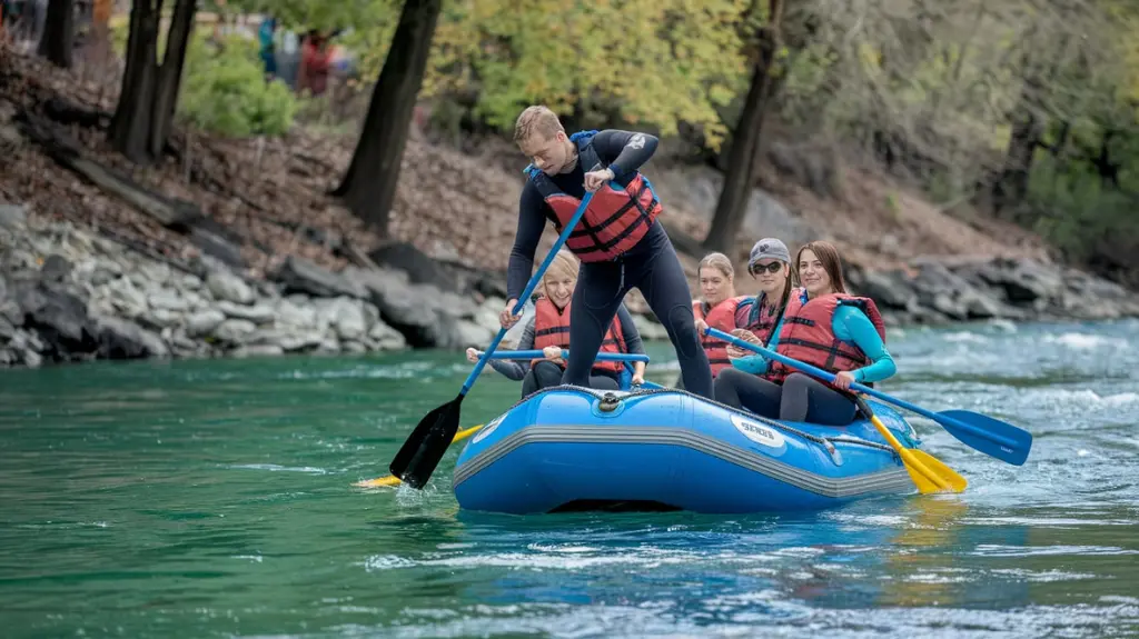 Rafting guide teaching paddling techniques to beginners on a calm river near Asheville, NC.