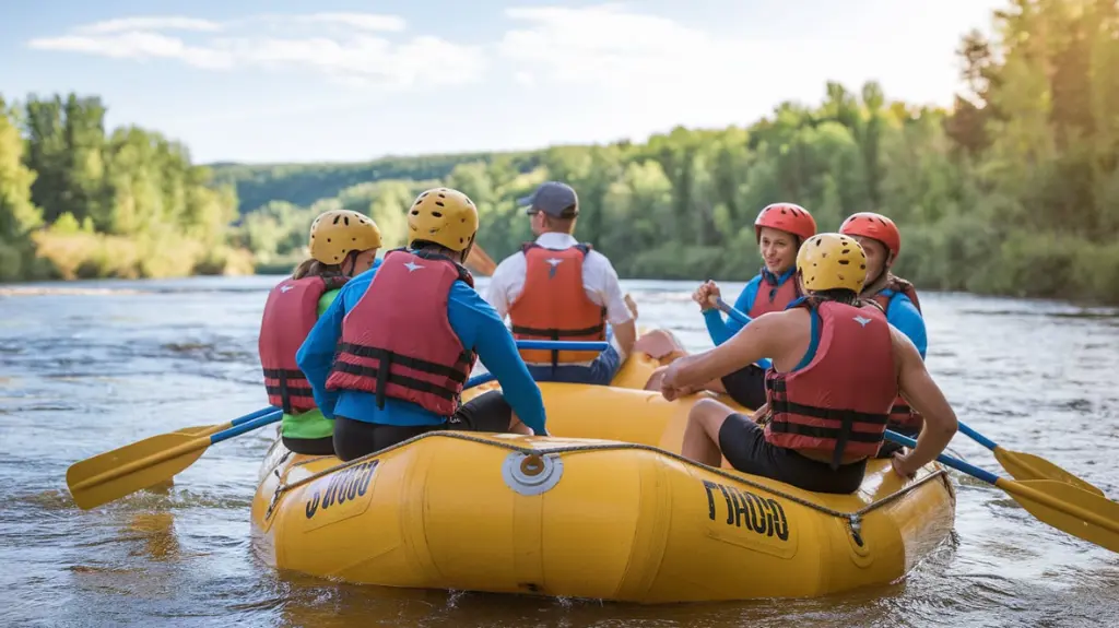 Rafting group preparing to launch into the Arkansas River during the peak rafting season in Colorado Springs.