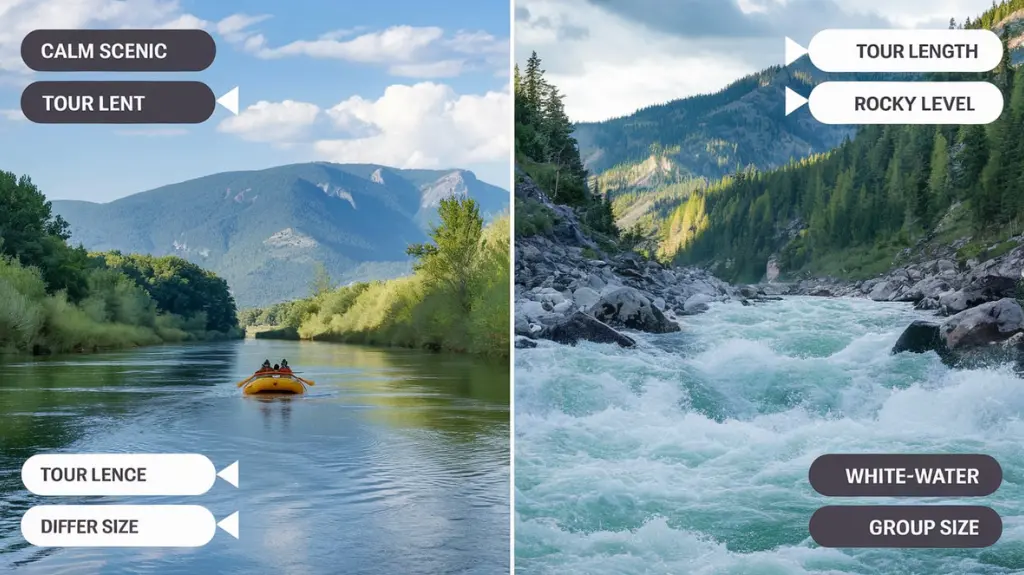 Comparison chart of Grand Canyon rafting tours showing scenic floats and white-water rapids experiences. 