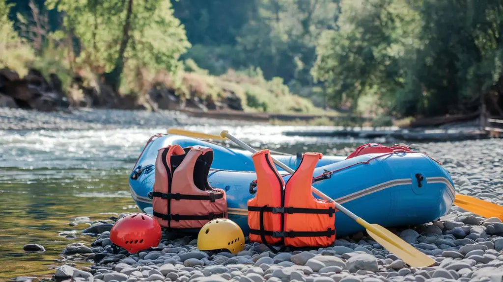 Essential rafting gear including life jackets, helmets, paddles, and a raft laid out on the shore of the Chattahoochee River in Helen, GA.