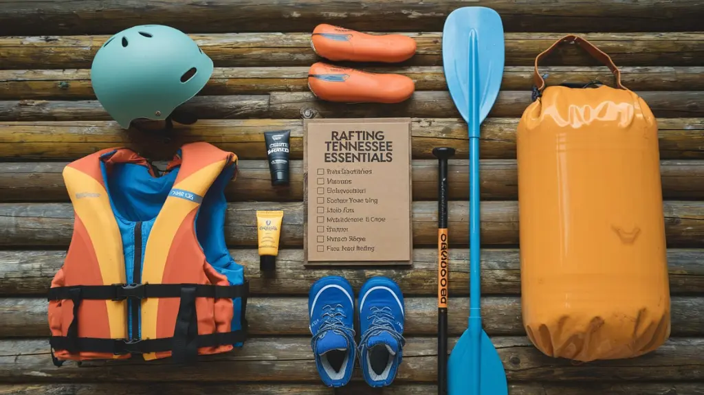 A flat-lay of essential rafting gear, including a helmet, paddle, and life jacket for Tennessee trips.