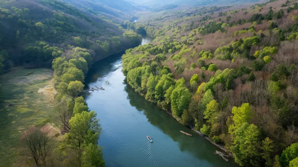 Aerial view of the French Broad River winding through forested valleys near Asheville, NC. 