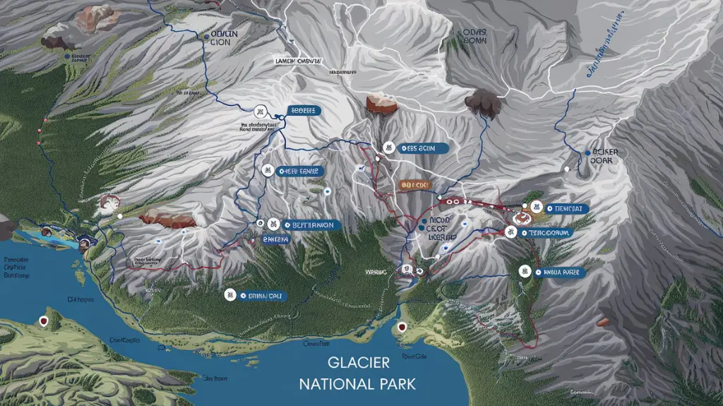 Map of Glacier National Park with highlighted rafting routes and key points for planning an adventure.