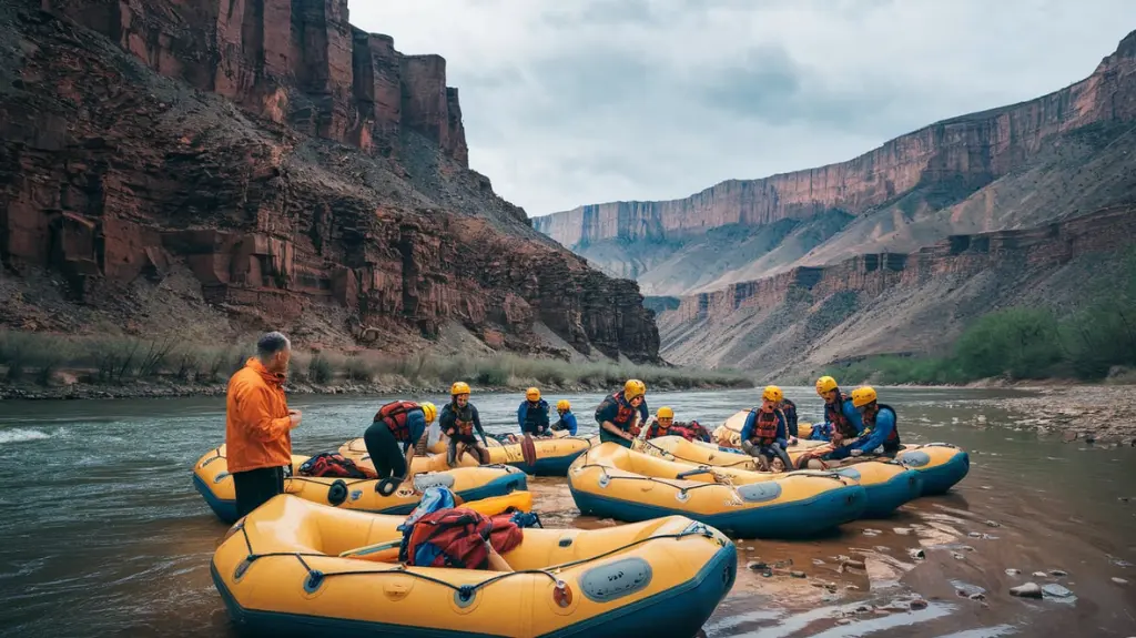 Group preparing for a Royal Gorge rafting trip with gear and a guide briefing by the river.  