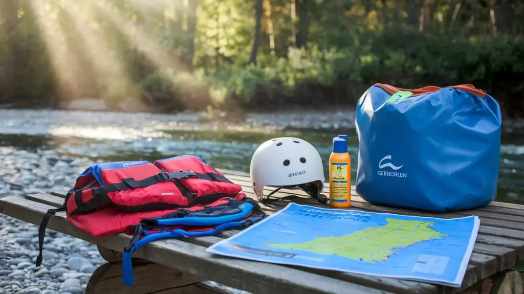 A collection of rafting gear and a map of Georgia rivers, highlighting essential tips for planning a rafting trip.