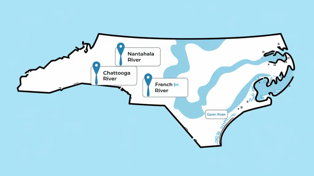 Map of North Carolina showing top rivers for rafting, including key features and difficulty levels.