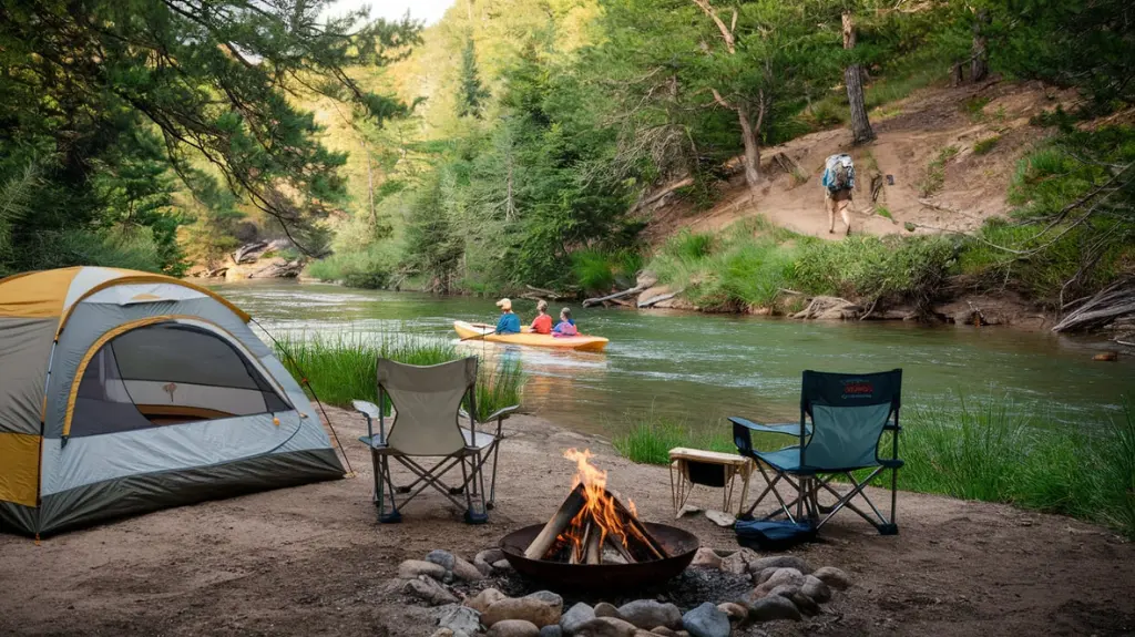 A riverside campsite with a tent and campfire, with activities like kayaking and hiking nearby.