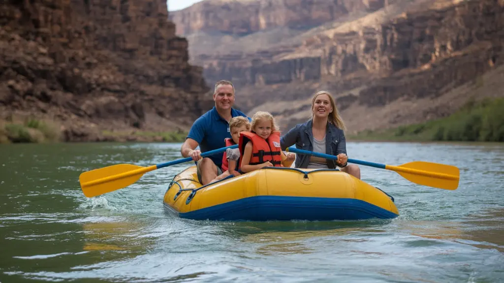 Family rafting on calm waters in the Royal Gorge with scenic views of the cliffs in the distance. 