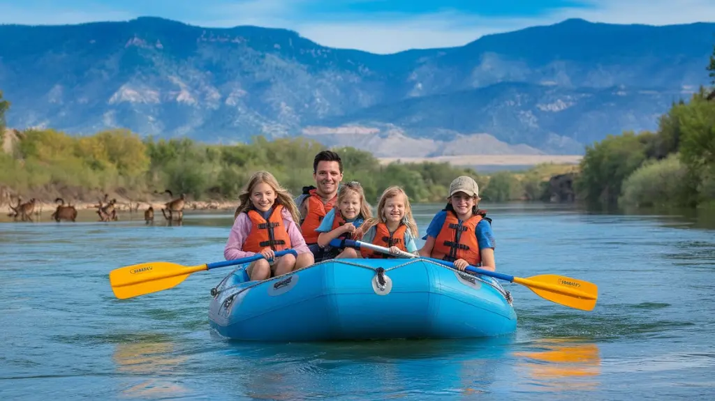 Family enjoying peaceful scenic float trip on Snake River in Jackson Hole