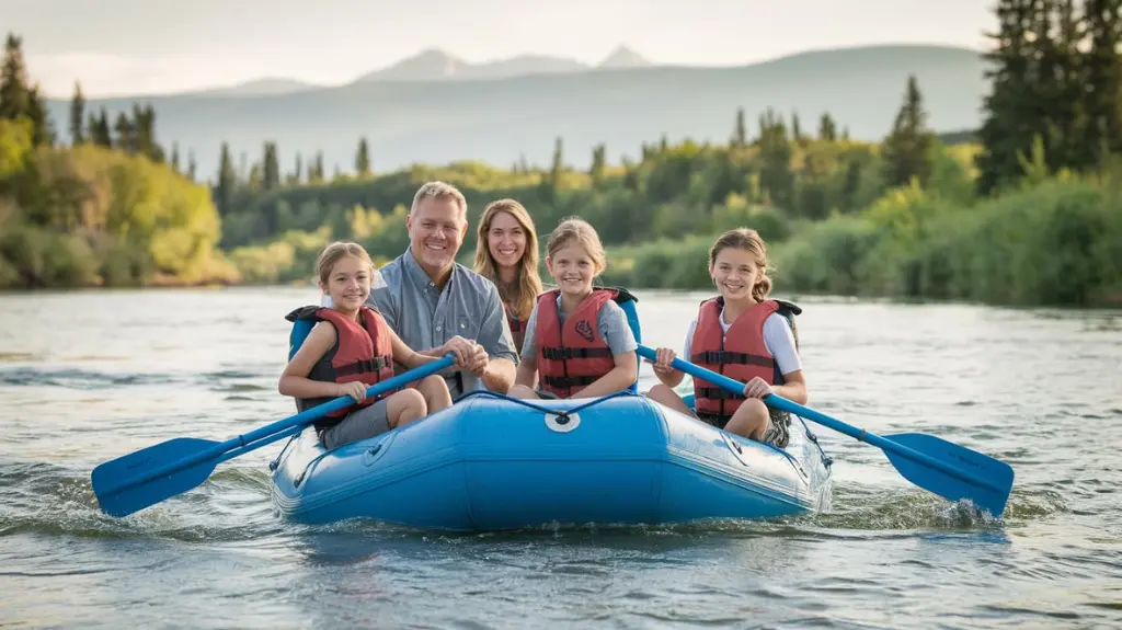 Family with young children enjoying a gentle rafting trip on the Arkansas River in Colorado Springs.