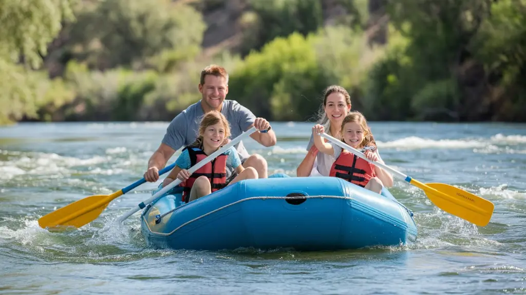 Family enjoying a calm Kern River rafting tour with lush greenery and a sunny sky.  