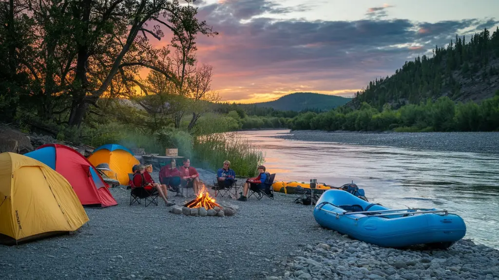 A campsite by the New River during a multi-day rafting adventure in West Virginia.