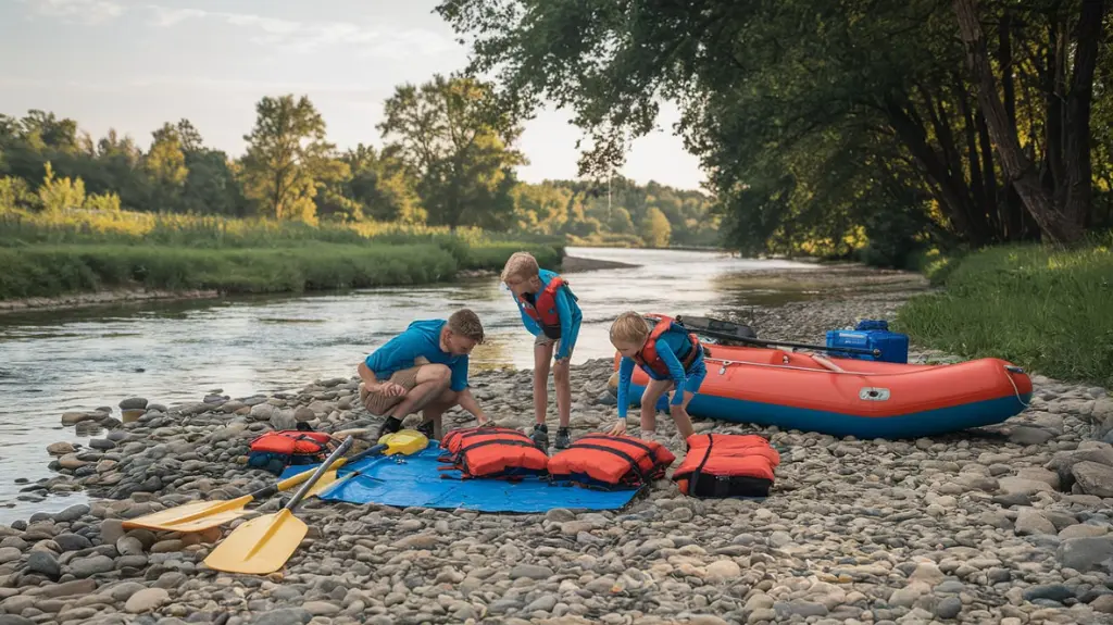 Family packing gear for a rafting trip on the riverbank near Asheville, NC.  