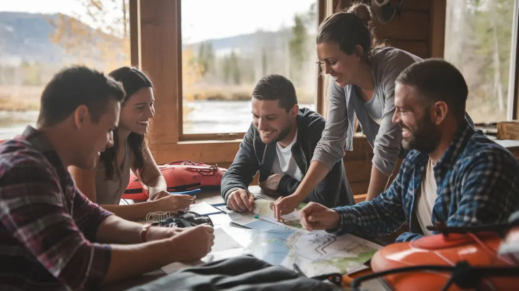 Group of friends planning their rafting trip in Helen, GA, surrounded by maps, brochures, and rafting gear.