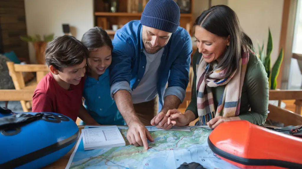 Illustration of a family planning their rafting adventure in North Carolina, including map and gear.