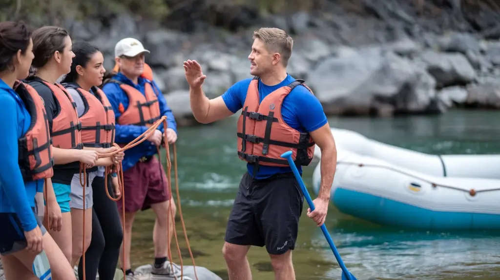 Rafting guide giving safety instructions, emphasizing the importance of safety in Glacier National Park.