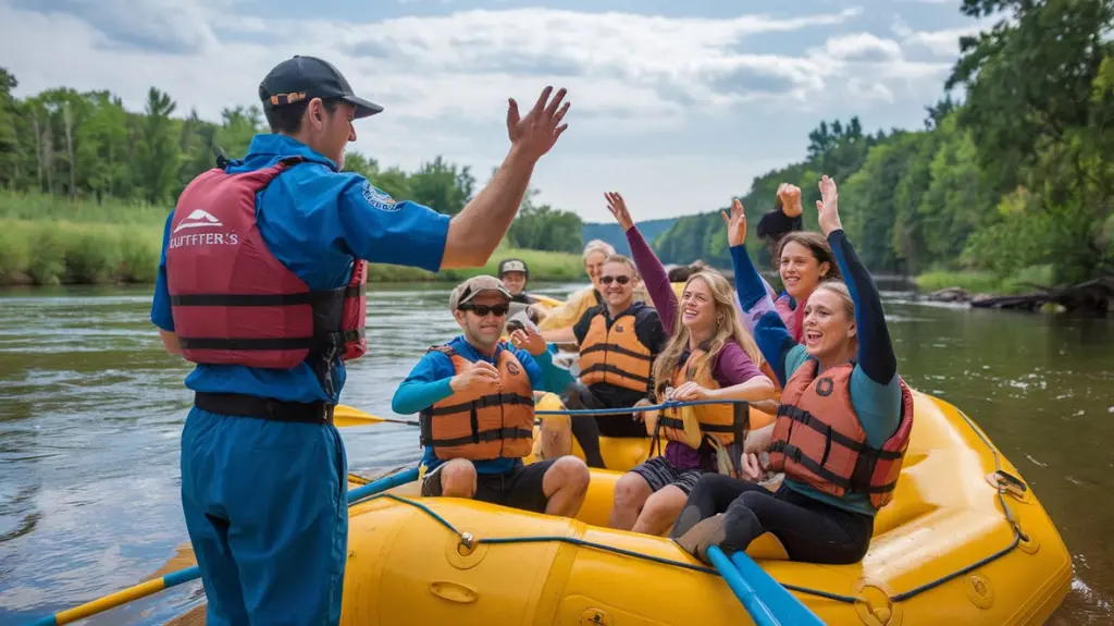 A professional rafting guide instructing a group of rafters before a Tennessee river adventure. 