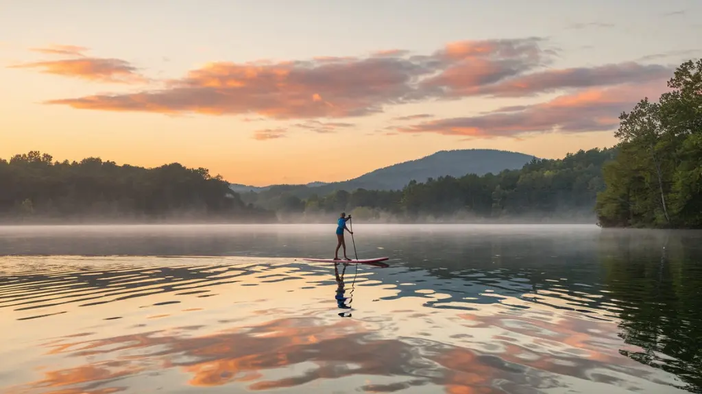 A stand-up paddleboarder enjoying a serene Georgia lake at sunrise, highlighting water activities beyond rafting.