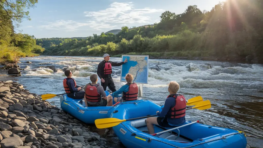 Group of rafters being briefed by a guide before a whitewater rafting adventure in Boone, NC.