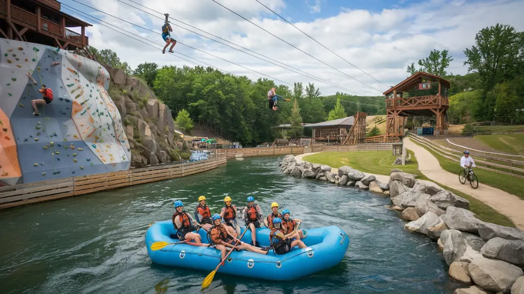 Outdoor activities like ziplining, climbing, and biking at the U.S. National Whitewater Center in Charlotte, NC.