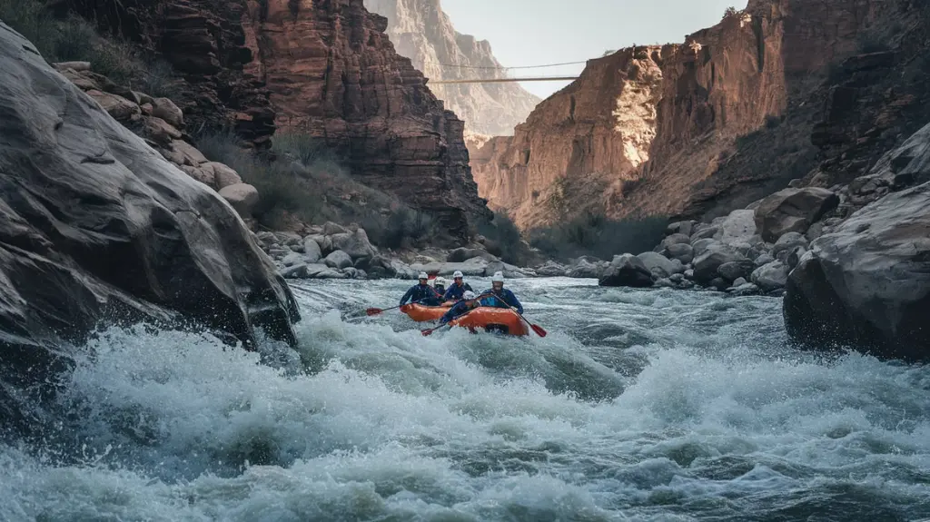 Experienced rafters conquering challenging rapids in the Royal Gorge with towering cliffs.