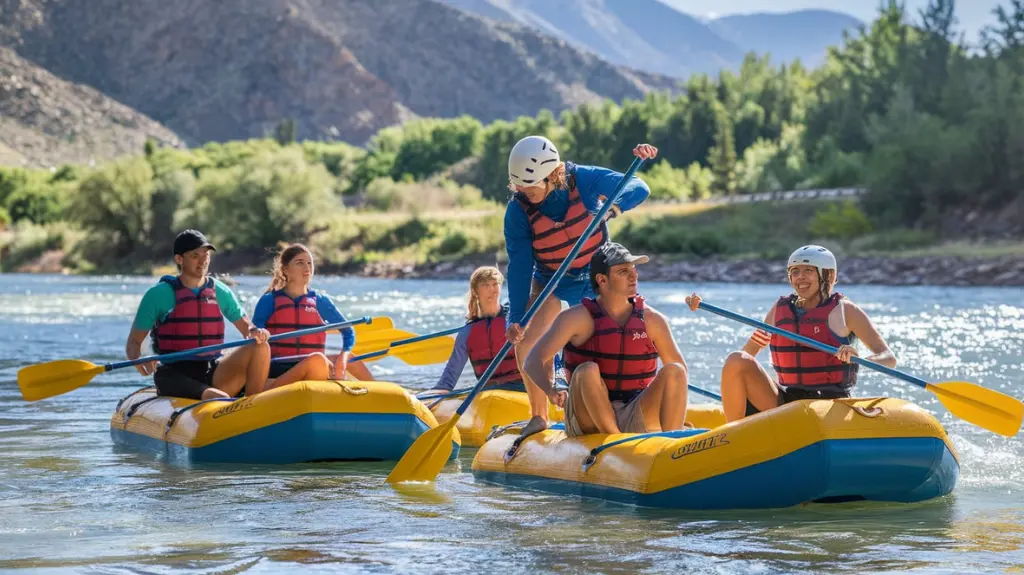 Group of beginners receiving rafting instructions from a guide on the shore of the Arkansas River in Colorado Springs.