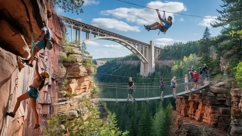 Adventures in the New River Gorge, including rock climbing, ziplining, and hiking with scenic views. 