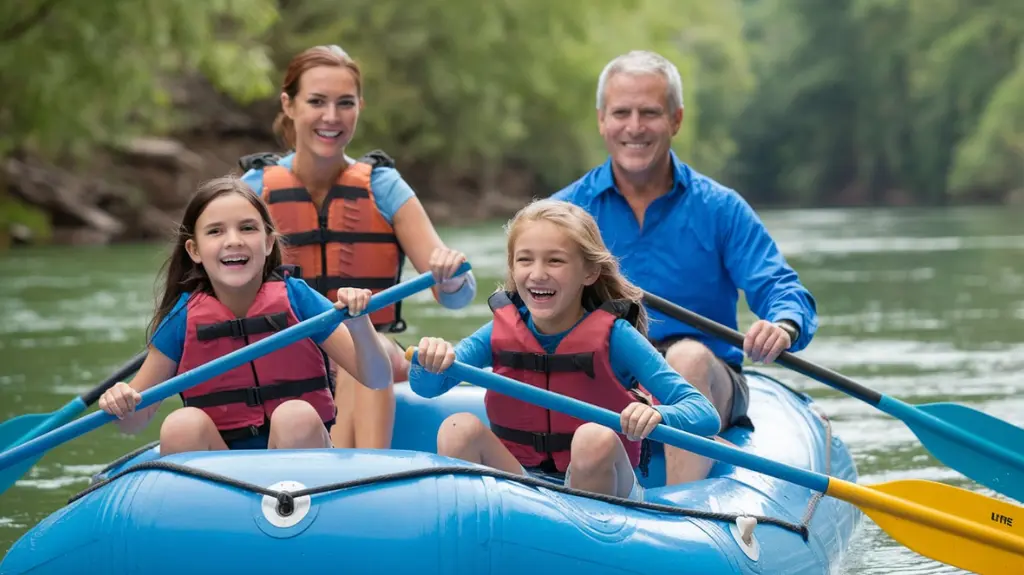 A family enjoying a peaceful rafting experience on the South Fork of the American River.