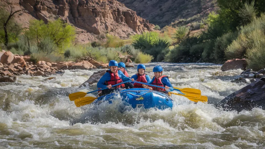 Experienced rafters navigating intense rapids on the Kern River with a professional guide.  