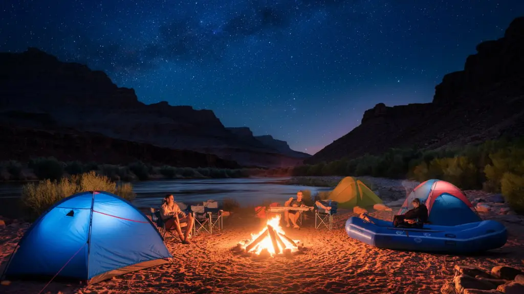 A campsite by the Colorado River during a multi-day Grand Canyon rafting adventure. 