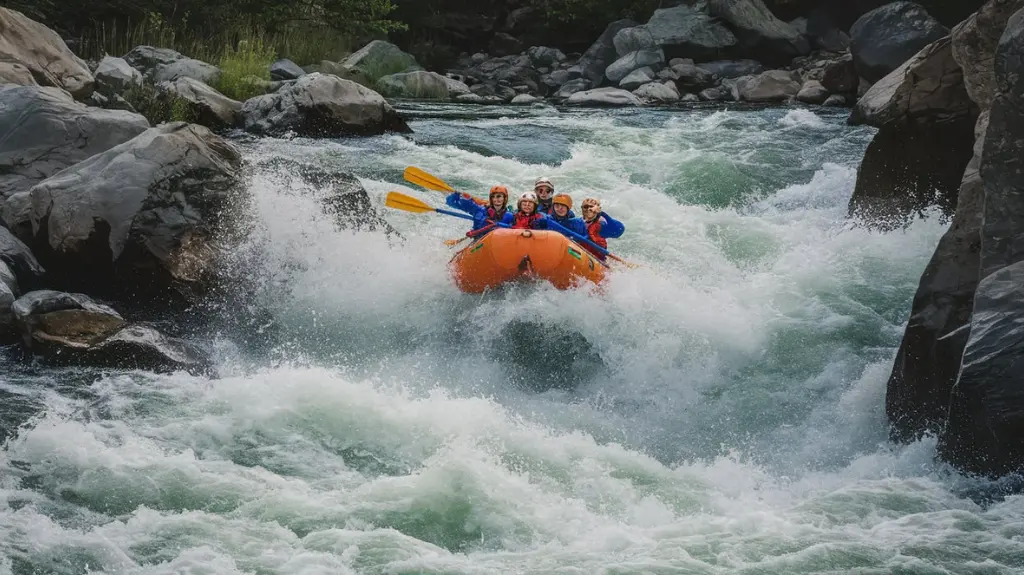 A thrilling moment as a raft navigates a steep drop on Tennessee's Ocoee River rapids. 