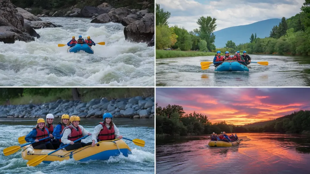 Collage of whitewater and scenic float trips in Glacier National Park, showcasing recommended rafting options.