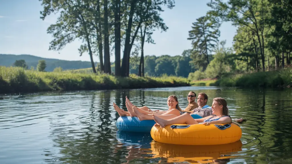 Group of friends relaxing on inner tubes during a river tubing experience in Boone, NC.