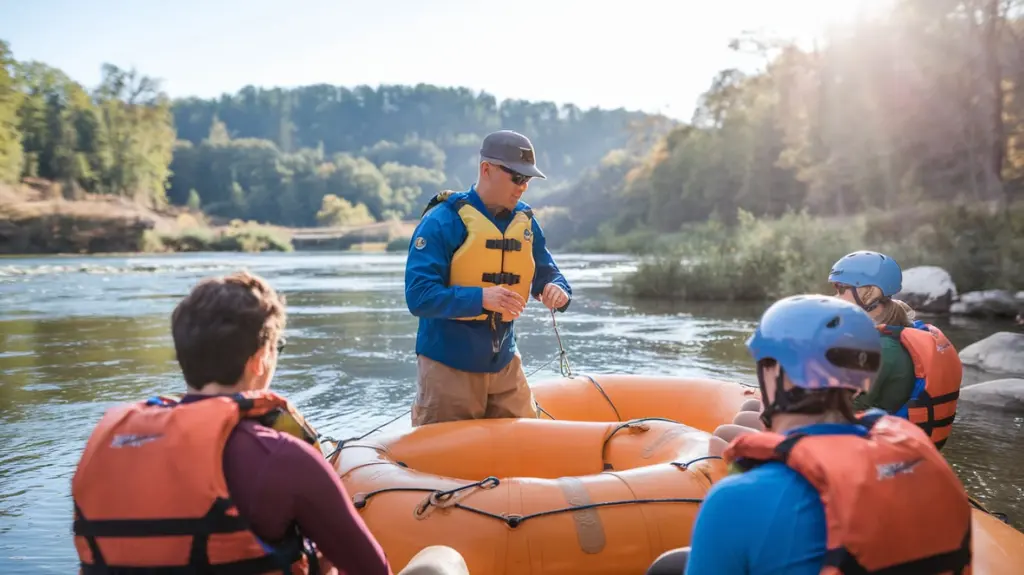 Rafting instructor demonstrating safety techniques to participants on the shore of the Chattahoochee River in Helen, GA.